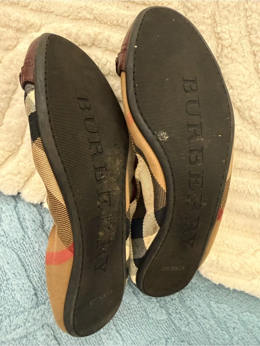 Burberry Beige Check Ballet Flats with Burgundy Leather & Gold Horsebit